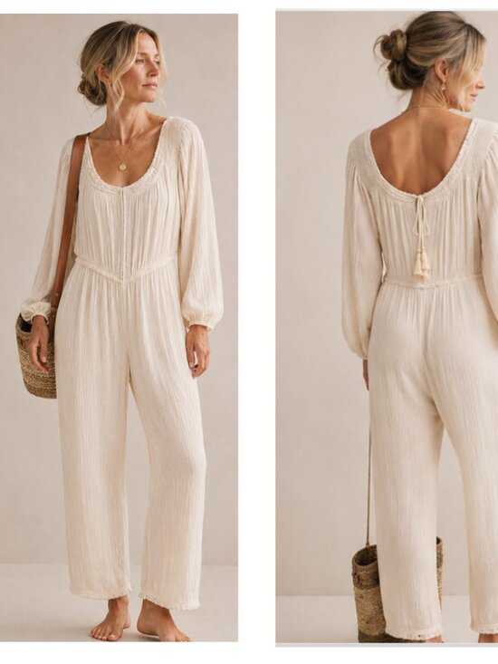 Free People Pants - Free People Ivory Rayon Gauze Jumpsuit Wide Leg Tassel Back Boho Sz M